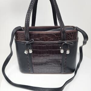 Brighton Pandora Satchel Crocodile Embossed Brown Leather Braided Handle Charms